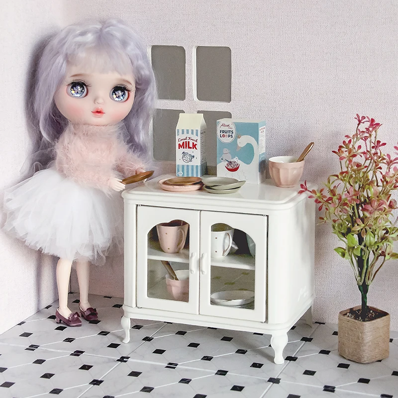 Aizulhomey Dollhouse Miniatures 1/6 Furniture Metal Storage Dining Cabinet Table Cupboard OB11 BJD Lol Blyth Dolls Accessories