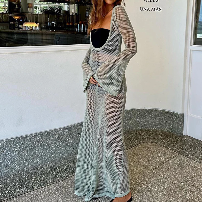 New Style Knitted Backless Long Sleeve Dress Ladies Beach Holiday Bikini Cover Up See-Through Beachwear Sunscreen Long Dress 1