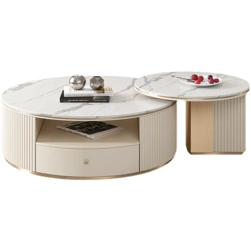 

Hxl Light Luxury Stone Plate Coffee Table Simple Size round Combination Retractable Storage Tea Table