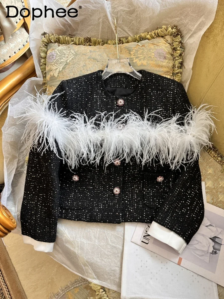 

White Feather Short Stitching Jacket Top Female 2023 Autumn Winter Women's Sequin Woolen Round Neck Long Sleeve Commuter Coat