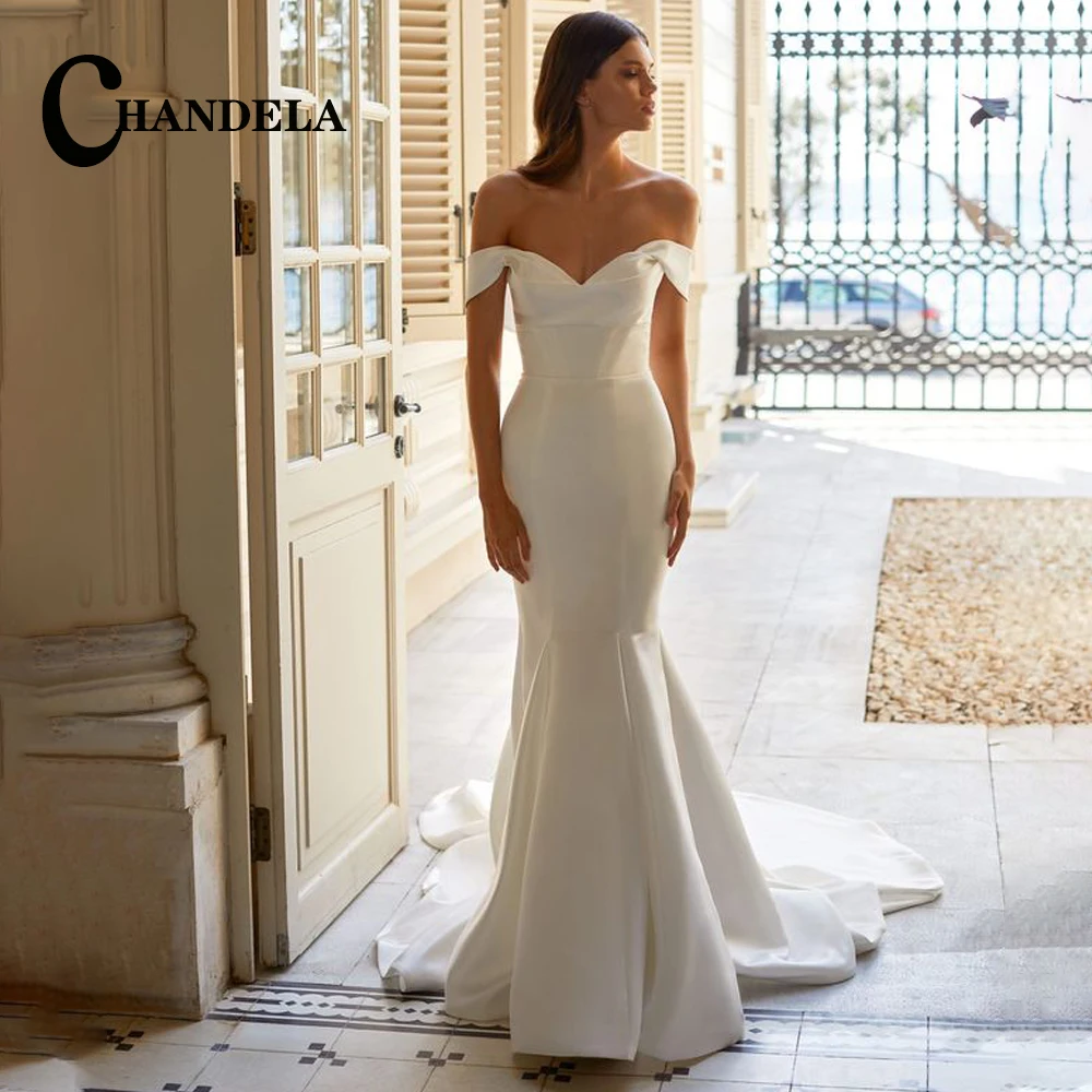 

CHANDELA Simple Off The Shoulder Trumpet Wedding Dresses Satin Sweetheart Backless Lace Up Court Train Customised Robe De Mariée