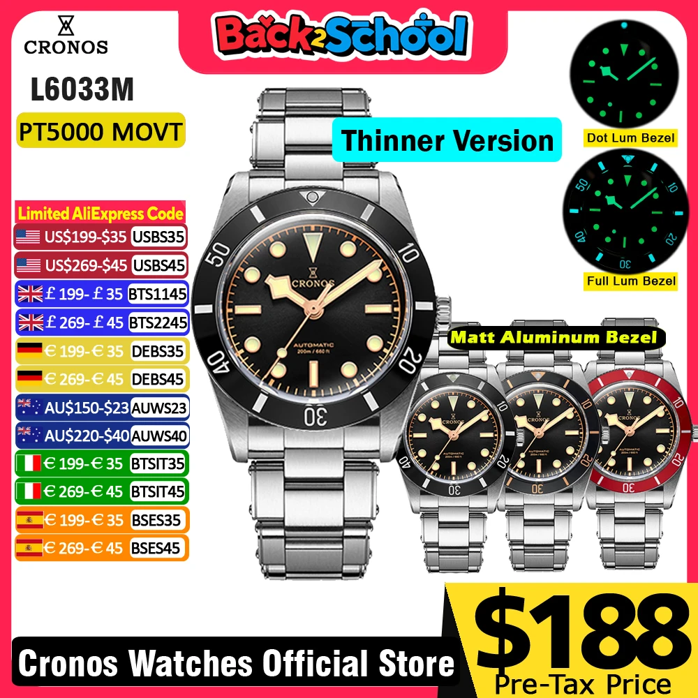 Cronos Luxury Men Watch 37mm Diver BB54 Vintage Automatic