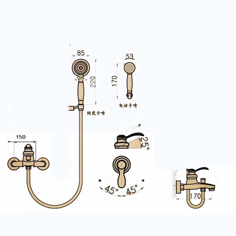 Antique Brass Bathroom Shower Faucet Bath Faucet Mixer Tap ABS Hand Shower Set Wall Mount Black Shower Control Valve Taps 6