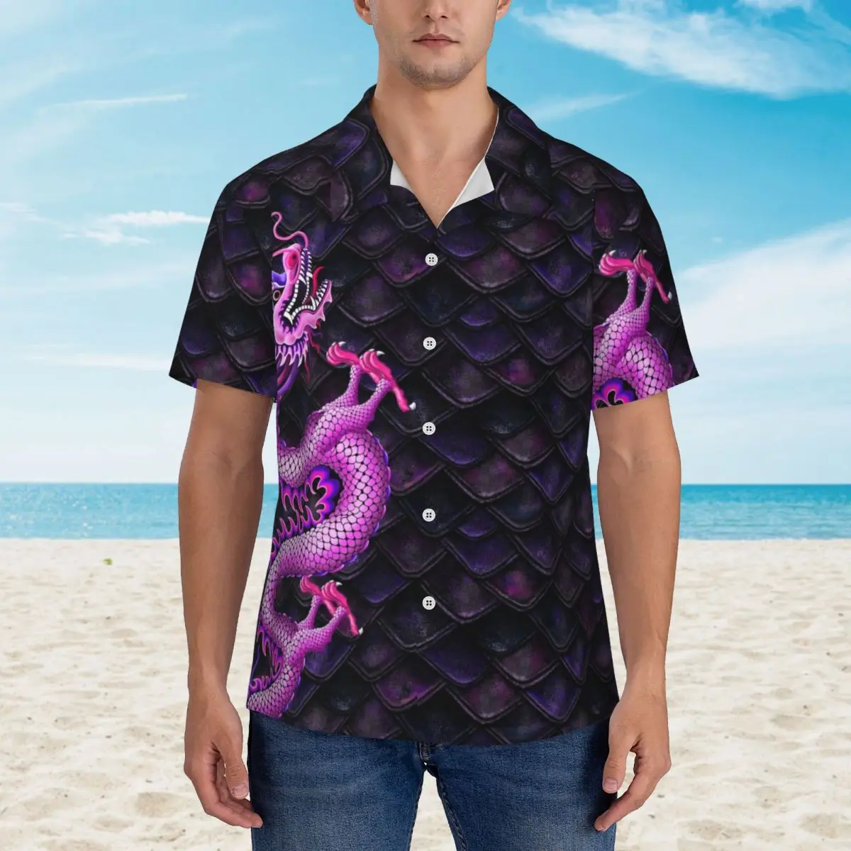 

Pink Dragon Hawaii Shirt Male Vacation Dragon Scales Print Casual Shirts Short Sleeve Y2K Street Design Elegant Oversize Blouses