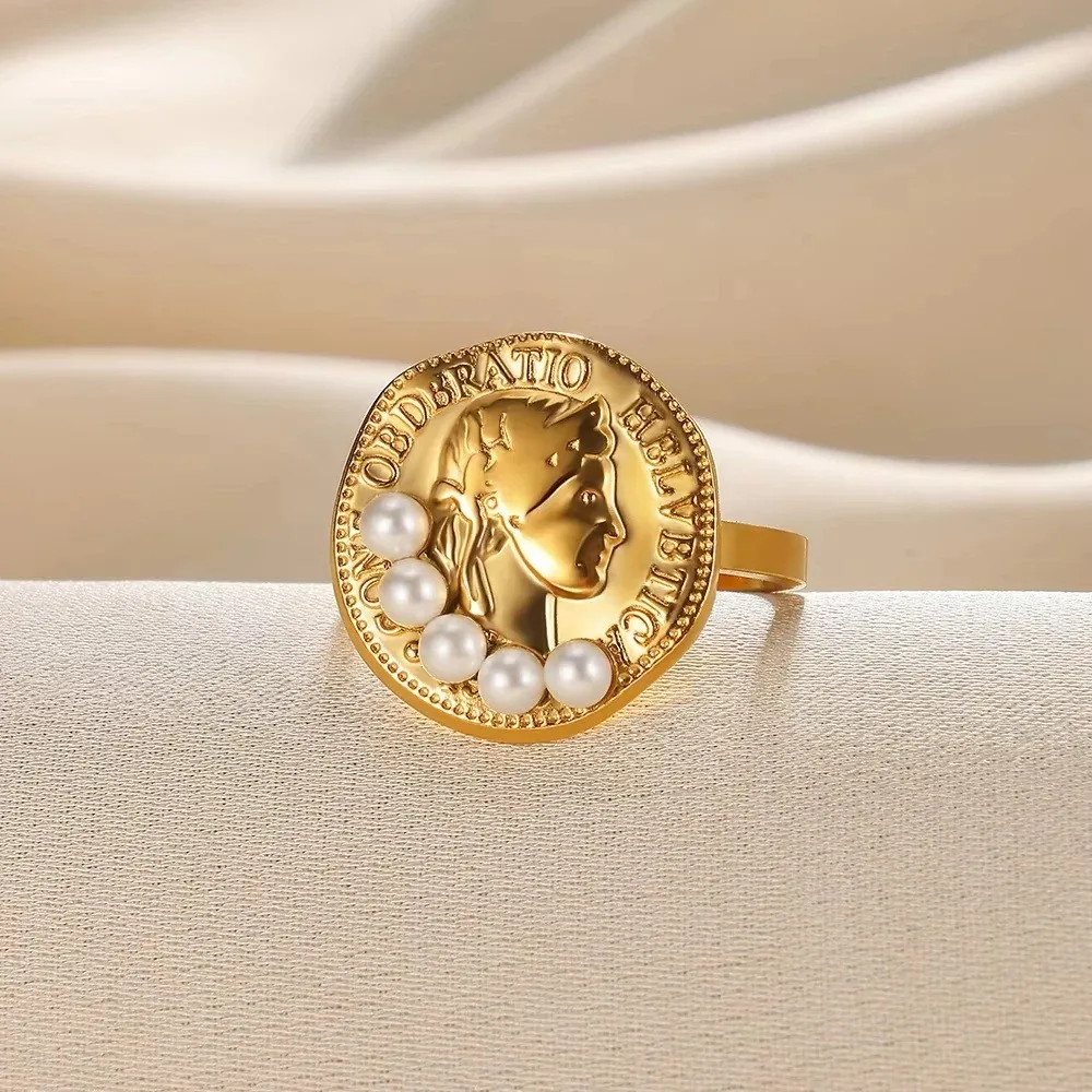 Vintage Virgin Mary Open Ring Women Stainless Steel Gold Pearl