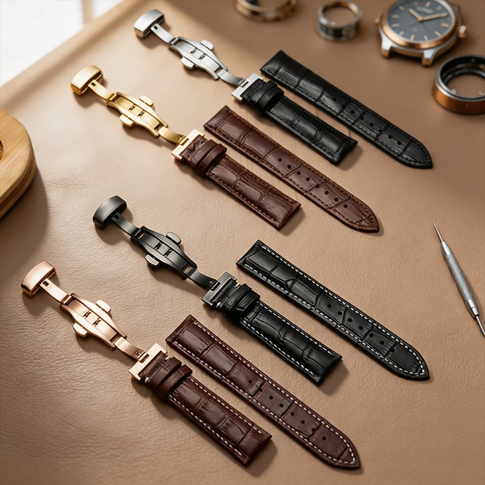 Luxurious Genuine Calfskin Leather Watch Strap with Butterfly Buckle - Available in Multiple Sizes