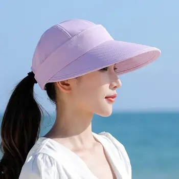 Casual Wide Brim Women Summer Sun Hat UV Protection Foldable Empty Top Ponytail Cap Detachable Adjustable Beach Cap 1