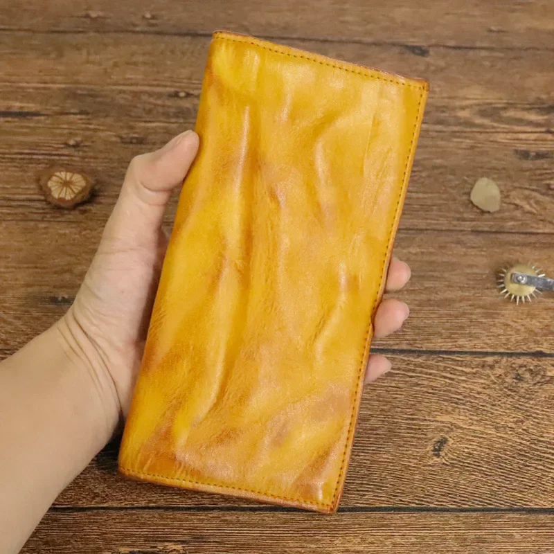 Vintage Wallet Top Layer Cowhide Vegetable Tanned Leather Handmade Old Fold Long Wallet Men's Multi Card Wallet Handheld Bag 6