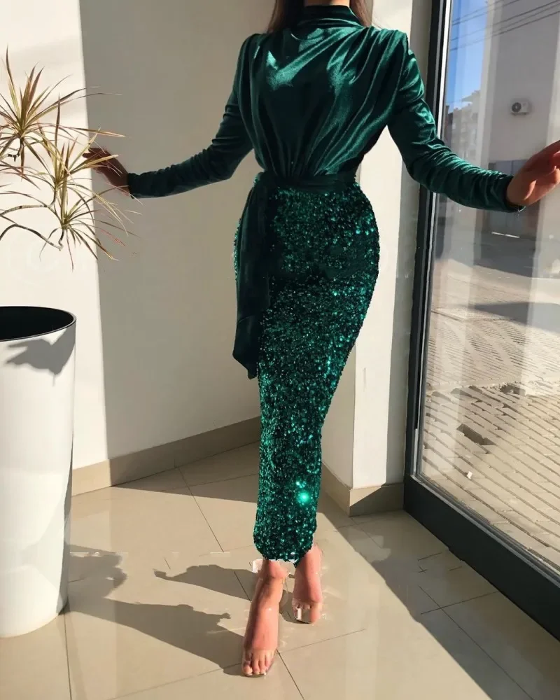 

Green Velvet Formal Evening Dress High Neck Sequined Mermaid Prom Gown Ankle Length Women Celebrity Party Dress robe de soiree