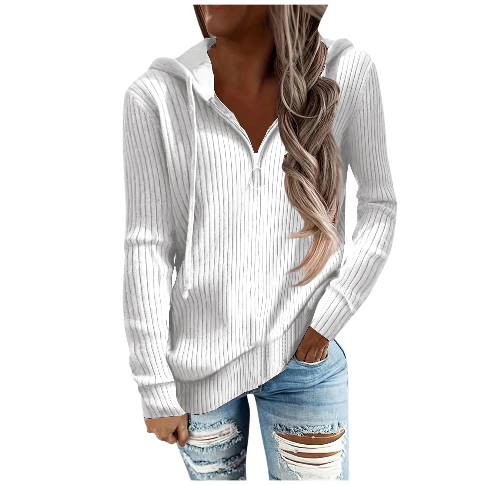 

Women'S Autumn Oversized Quarter 1/4 Zip Striped Sweatshirts Hoodies Long Sleeve Drop Shoulder Solid Pullover Jumper Top