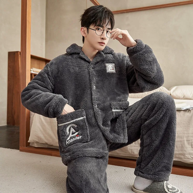 Men Pajamas Winter Coral Velvet Sleepwear Set Youth Plus Padded Warm Cotton Jacket Loungewear Outfit Young Students Home Clothes