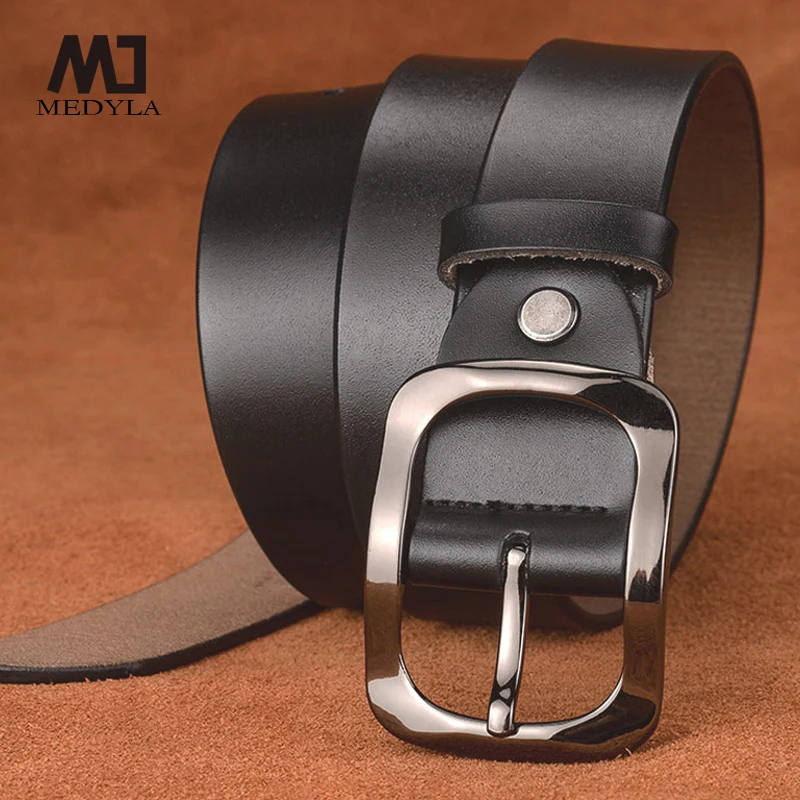 MEDYLA Women's Genuine Leather Belt Fashion Black Metal Buckle Width 3.2cm Casual Pants Belt Available in 4 Colors