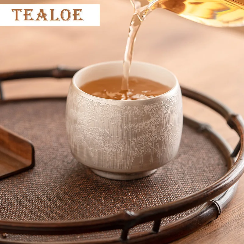 High End 999 Gilded Silver Ceramic TEACUP Green Bamboo Pattern Master Cup Personal Tea Bowl Special Chazhan Teaware Drinking