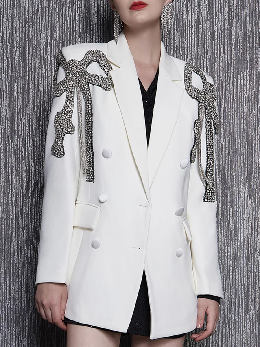

HIGH STREET Newest 2023 Designer Blazer Women's Diamonds Beaded Bow Design Long Blazer