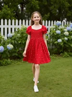 Robe courte à manches courtes en dentelle rouge à col carré décontractée et douce pour les petites filles - Convient aux filles de 4 à 7 ans en été 3