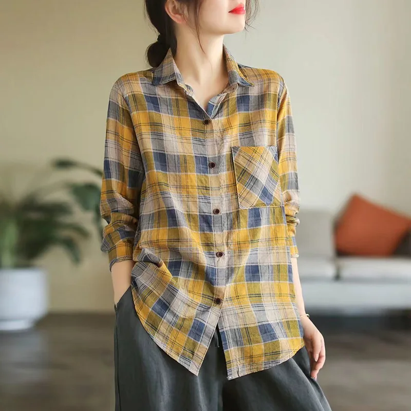 Fashion Lapel Button Spliced Pockets Lattice Shirt Women Clothing 2022 Autumn New Loose Casual Tops All-match Korean Blouse