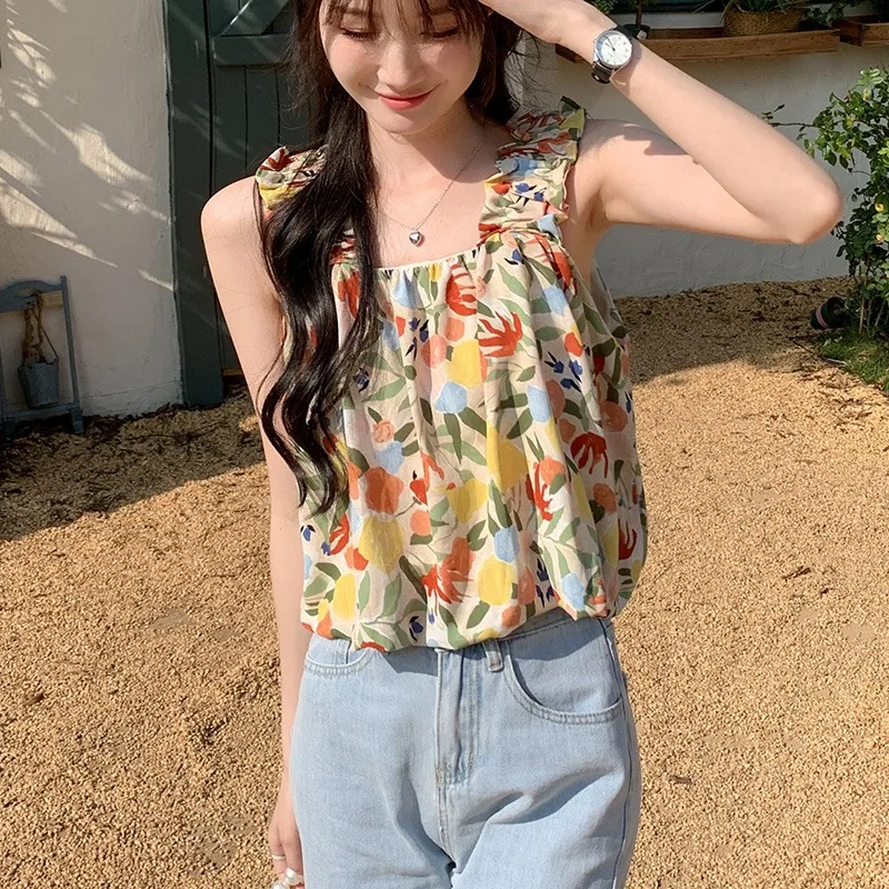 

Chiffon Floral Camis Women 2024 New Summer Square Collar Camisole Korean Style Sweet Slim Thin Casual Sleeveless Tops Female