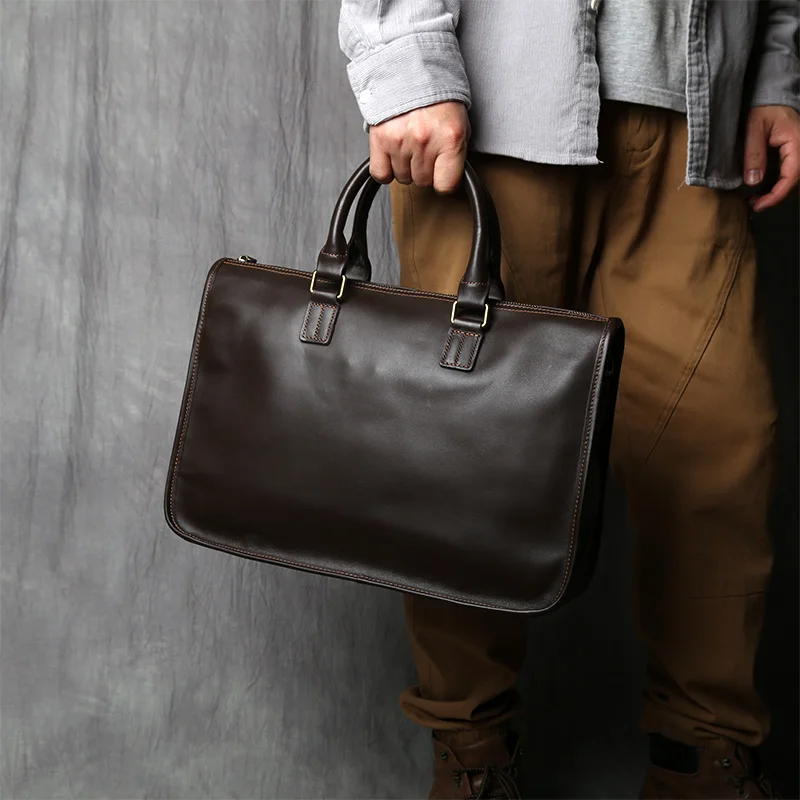 NZPJ Retro Men's Leather Briefcase Natural Cowhide Cross Section Single Shoulder Messenger Bag Casual Business Handbag Laptop