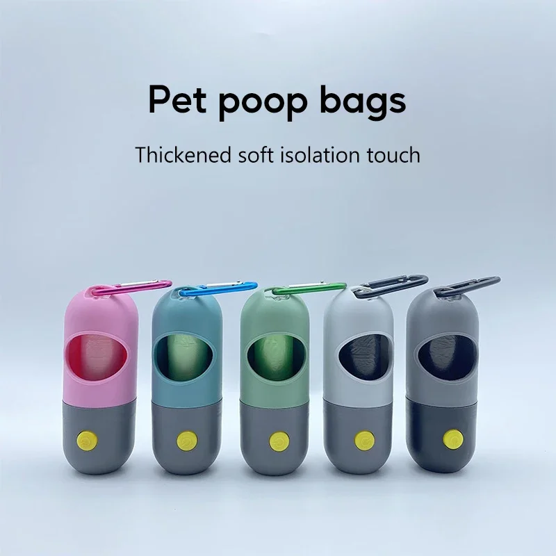 Portable LED dog poop bag dispenser with built-in light, metal clip, and waste bag storage holder for dog walking and pet cleanup.