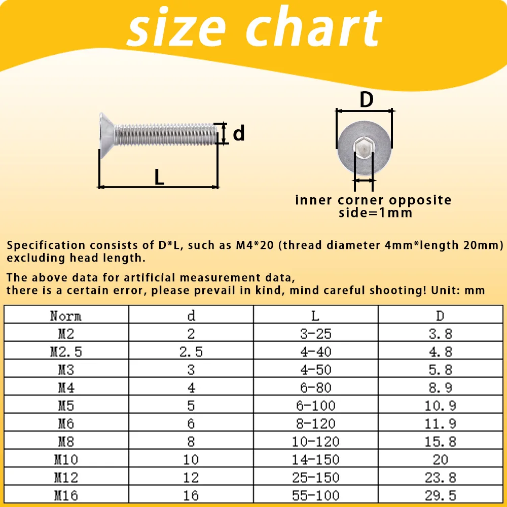 M5 M6 M8 M10 304 Stainless Steel Countersunk Hexagon Hex Socket Head Screw Flat DIN7991 Bolts Allen Furniture Screws 3/5/7/10pcs