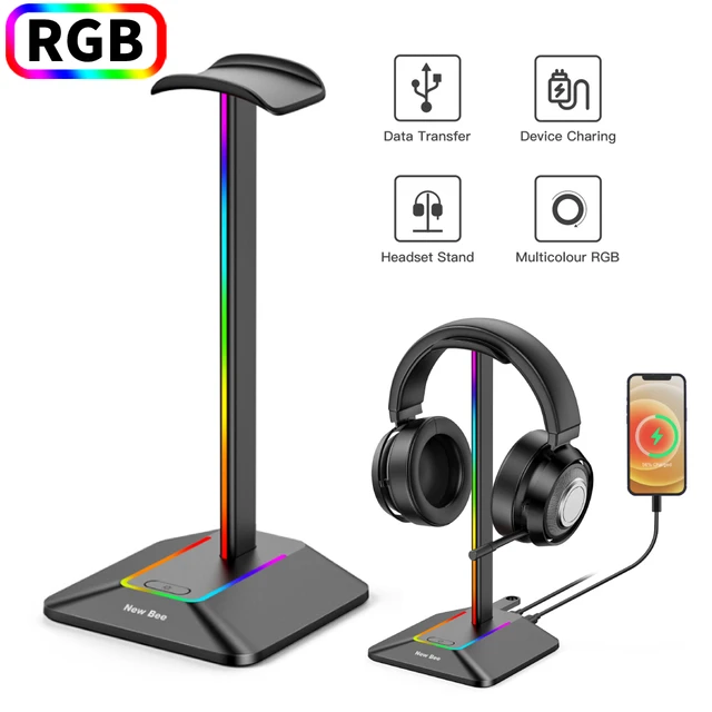  New bee Soporte para auriculares RGB con 1 puerto de carga  USB-C y 1 puerto de carga USB, soporte para auriculares de escritorio para  juegos con 7 modos de luz y