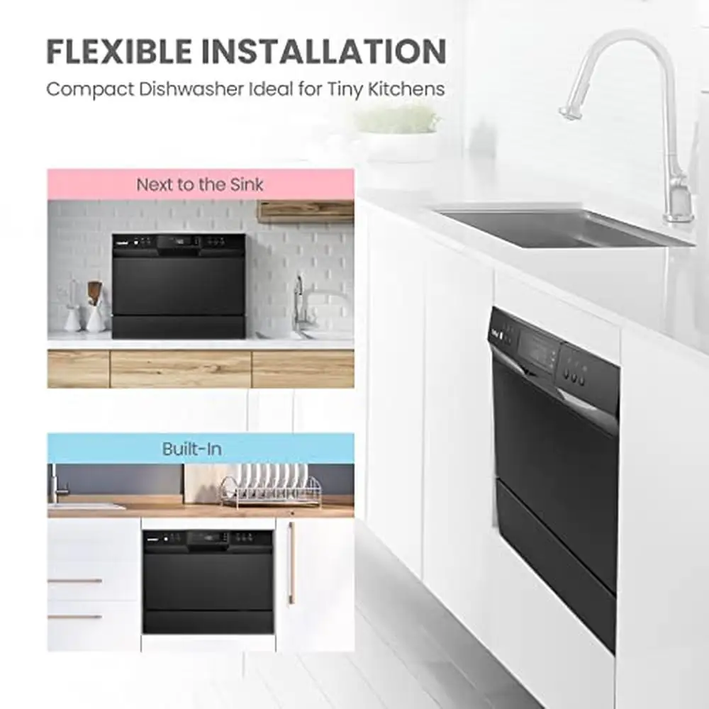 Portable Countertop Dishwasher 6 Place Settings Energy Star Glass Eco Speed Baby-Care Sparkling Cleaned Dishes Whole Black Touch 3