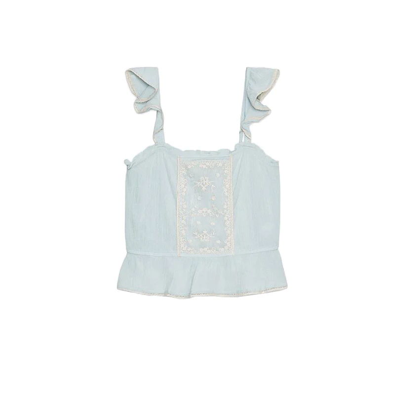 Summer New Women's Embroidered Straight Ne Line Patchwork Decorative Top Faion Sweet Sle ort Length Polyester Fiber