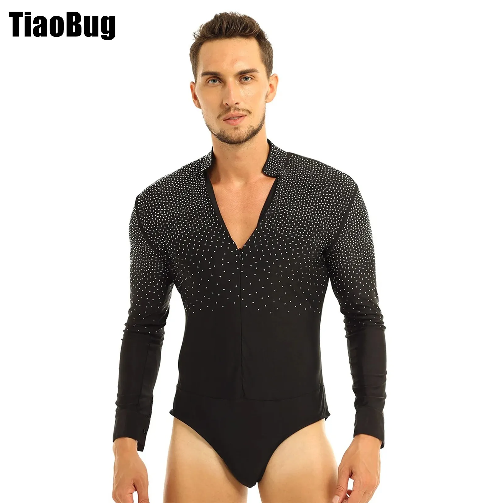 

Men V-neck Dance Leotard Shiny Rhinestones Shirt Leotard Stand Collar Long Sleeve Ballroom Latin Tango Rumba Bodysuit Shirt Tops