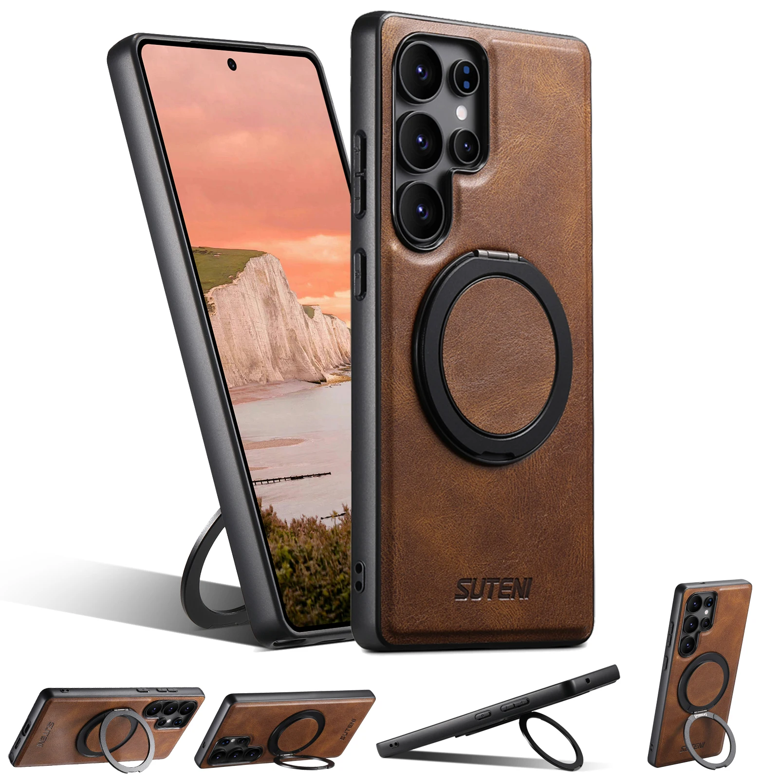 Luxury Classic Business Oil Wax Texture Faux Leather Phone Case with Magnetic Stand Cover