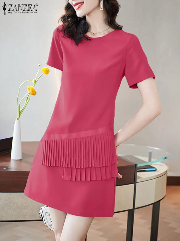 

ZANZEA 2024 Summer O Neck A-line Vestidos Short Sleeve Ruffled Patch Solid Color Women Short Sundress Elegant Fashion Mini Dress