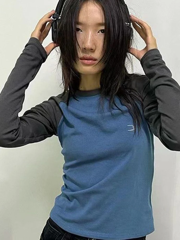 

Harajuku Grunge T-shirt Women Vintage Embroidery Patchwork Shirts Korean Slim Long Sleeve Tops Japanese Streetwear Tee Shirts