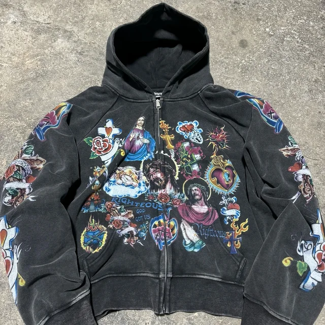 High Quality Y2k Retro Black Risen King Cropped Zip Up