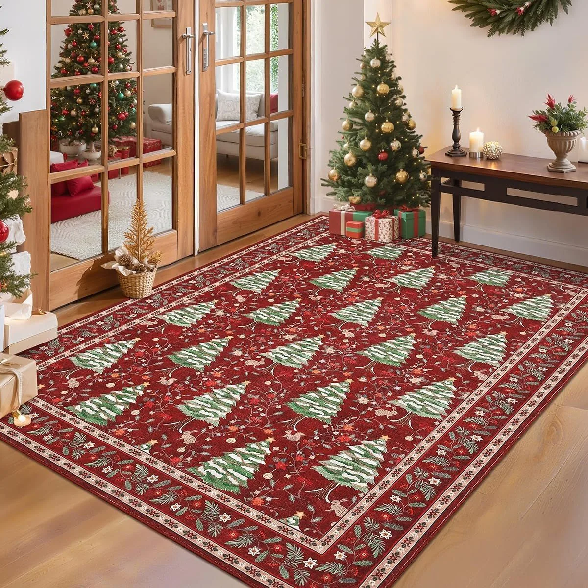 Christmas Santa Reindeer Snowflake Gift Red Green Festive Carpet Soft Non-slip Mat Rug for Living Room Home Decoration Durable