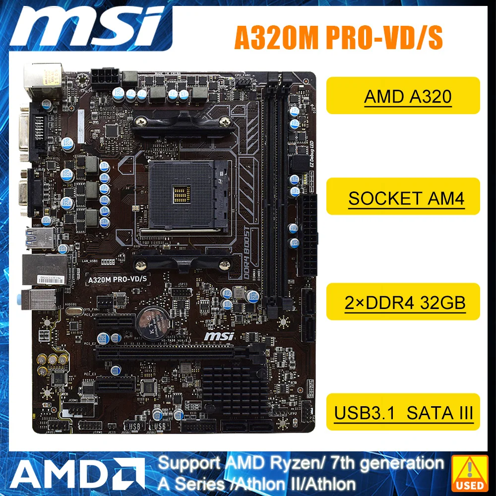 MSI A320M PROVD/S AMD A320 Motherboard Socket AM4 DDR4 32GB PCIE 3.0