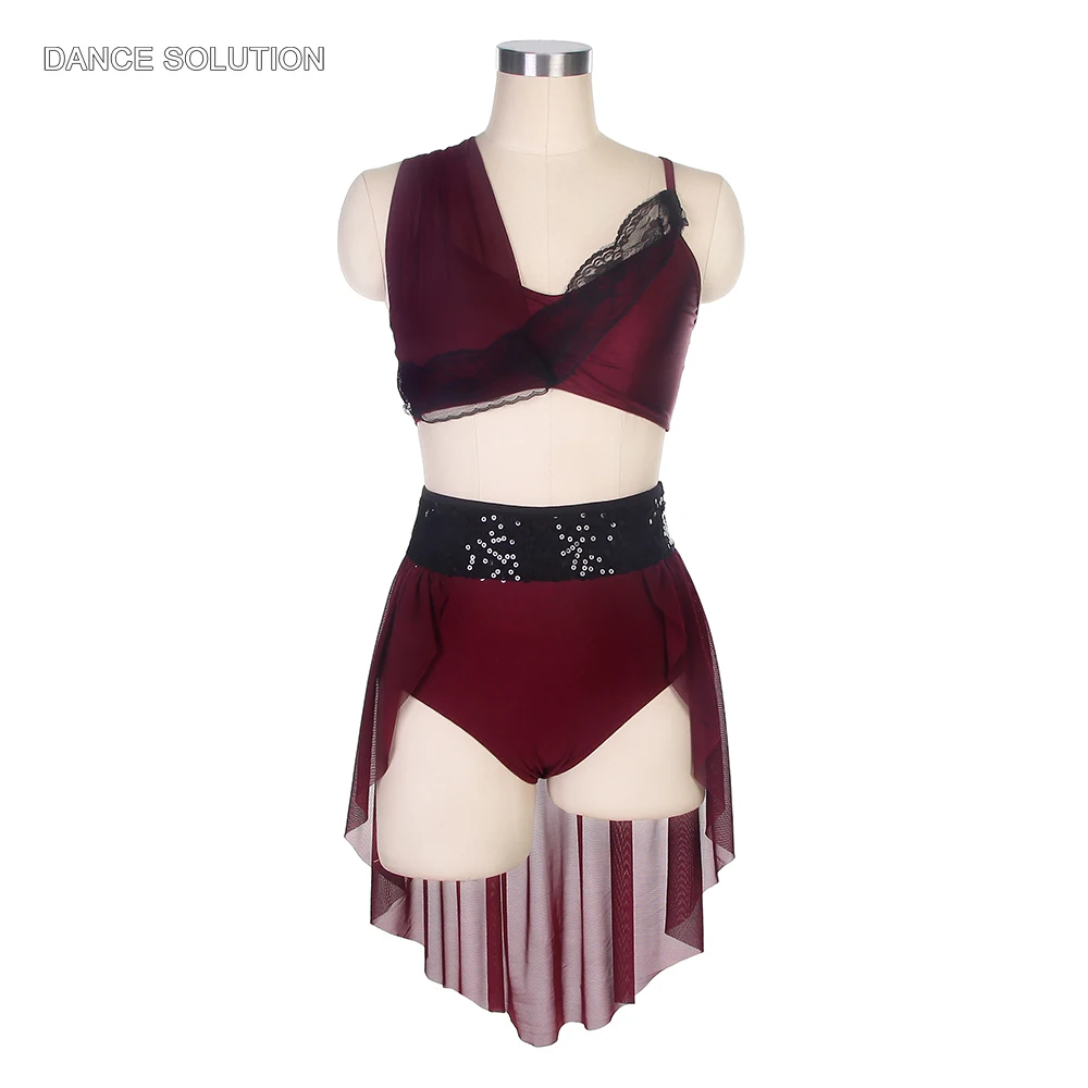 burgundy-spandex-top-with-shorts-and-mesh-backskirt-lyrical-contemporary-dance-suit-for-adult-kid-stage-costumes-19606