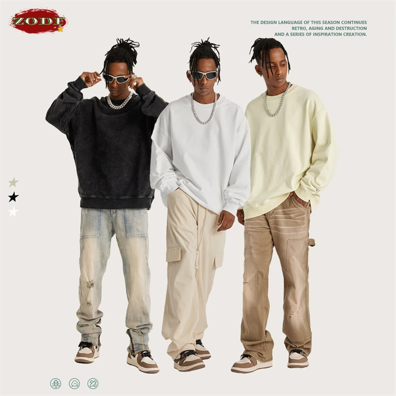 

ZODF Retro 2022 Men 440gsm Washed Cotton Sweatshirt Autumn Winter Loose High Street Heavy Weight O-Neck Hoodie Pullovers HY0393