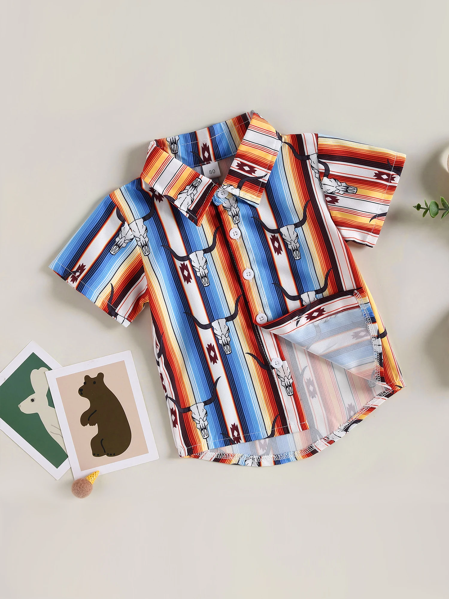 Boys Casual Loose Short Sleeve Shirt Lapel Bull Print Street Party Tops for Spring and Summer