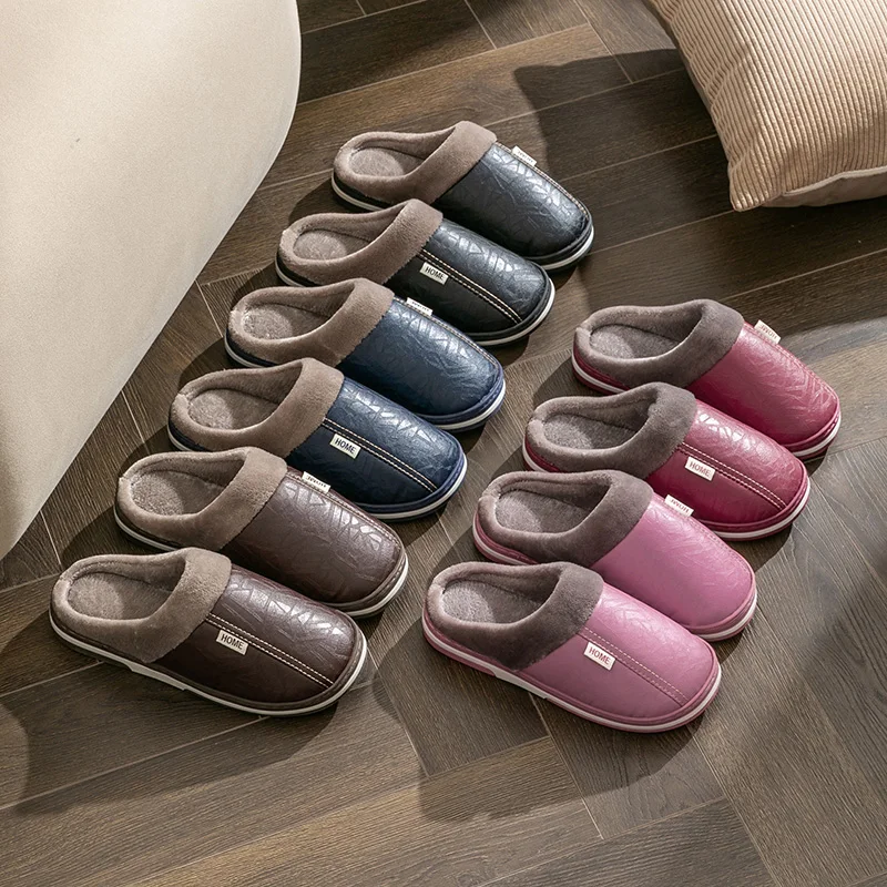 Men's Winter Big Size Indoor Waterproof PU Leather Slippers Home Cotton Shoes