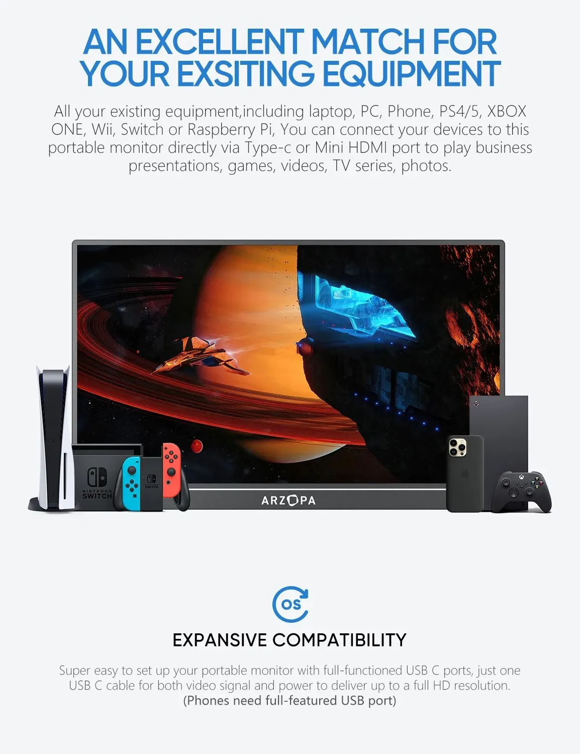 ARZOPA 17.3 ġ FHD ޴ , 1080p ܺ ÷, IPS ȭ, USB C HDMI ̹ , PC ޴  Xbox PS5 ġ