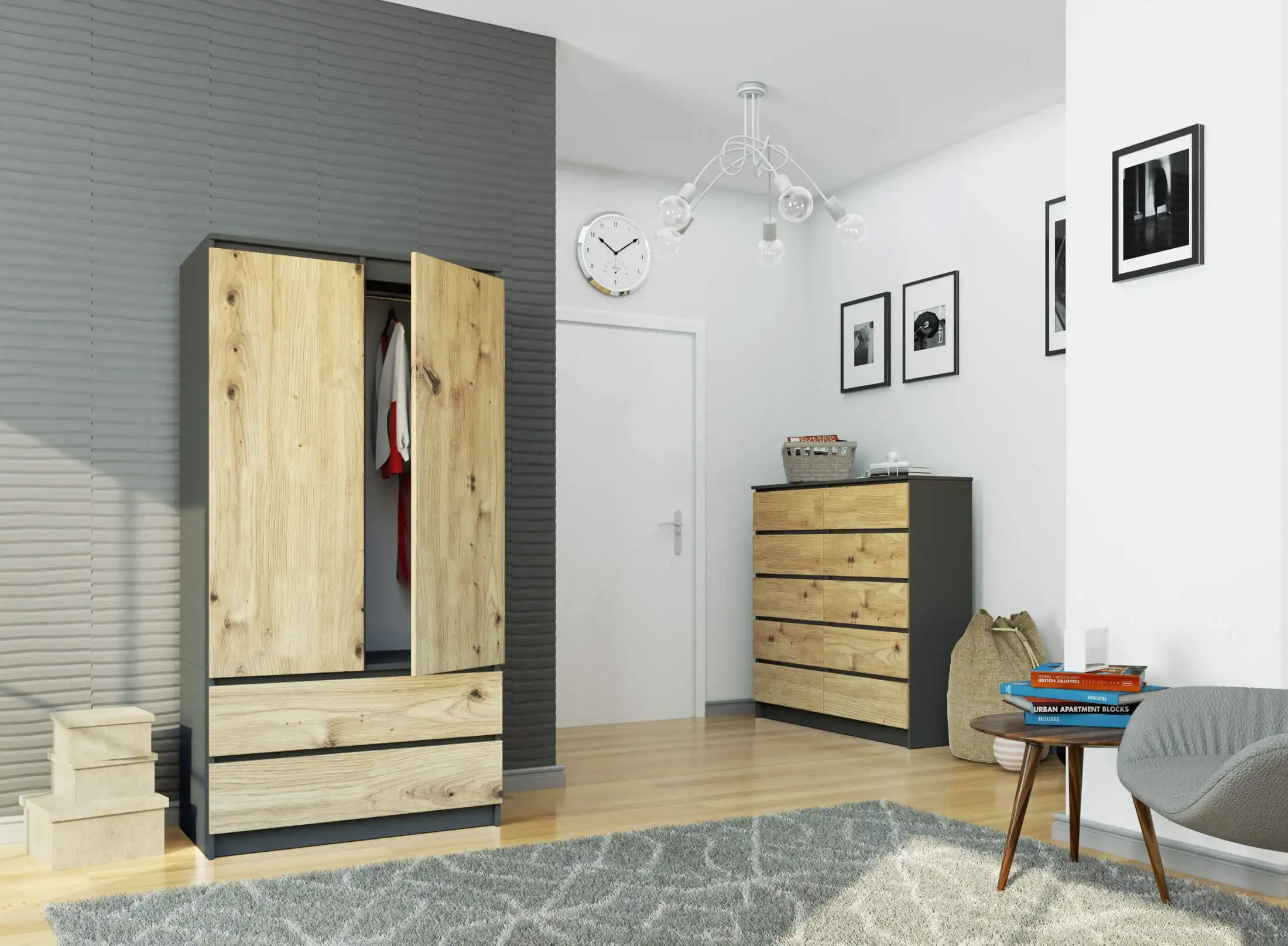 Szafa AKORD S90 Grafit Szary 90 cm 2 drzwi 2 szuflady kolor Dąb Artisan mat 4 półki 90x51x180 cm - Sklep.akord.net.pl - AKORD Meble