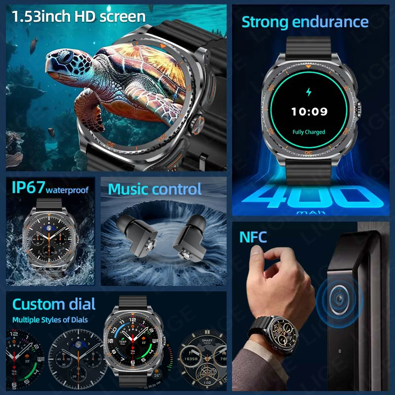 LIGE 2 In 1 TWS Headset Smart Watch 1.53" NFC Men Women Fitness Heart Rate Health Watches Earphone Music Smartwatch 100+ Sports