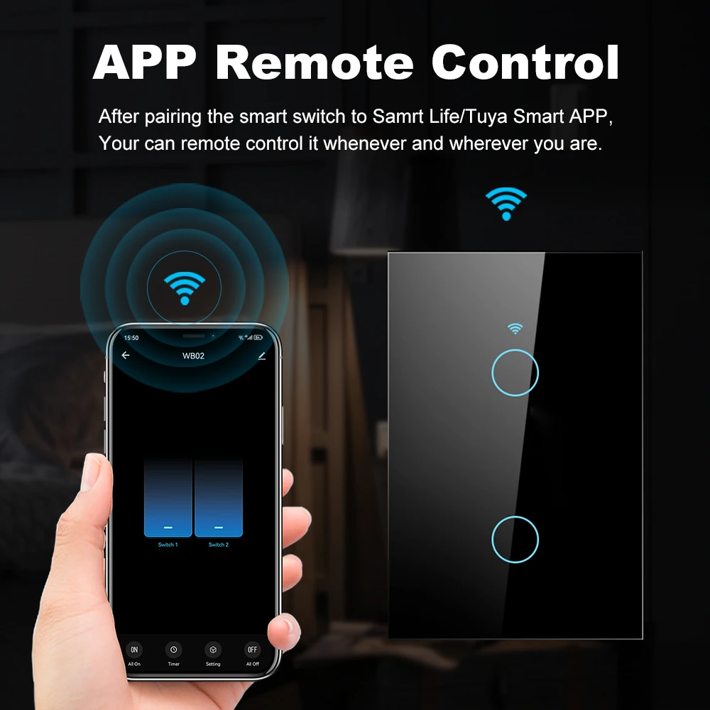 Tuya Smart WiFi + Bluetooth Wall Touch Light Switches No Neutral Wire Required Interruptor 1/2/3/4 Gang For Alexa Google home