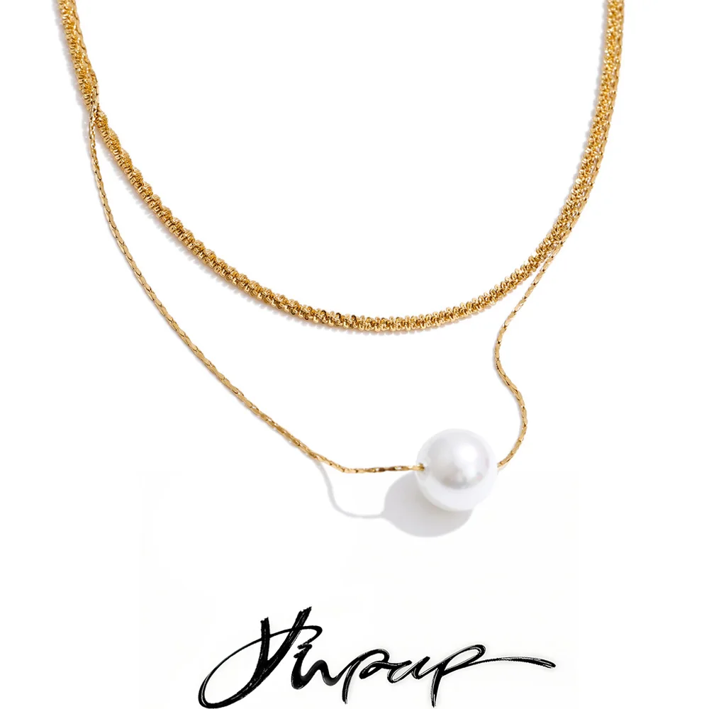 Yhpup Stainless Steel Double-Layer Simulated Pearls Pendant Necklace