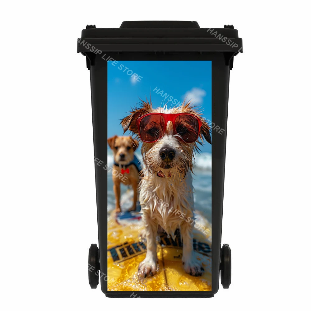 Creative Animal Personality Murals Trash Can Sticker Removable Kitten Surfing Art Decals for Outdoor Wheeled Dustbin Poster
