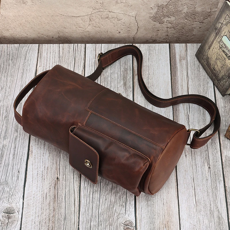 New Retro Crossbody Bag Niche Fashion Trend Cylinder Bag Men's Genuine Leather Crossbody Shoulder Bag