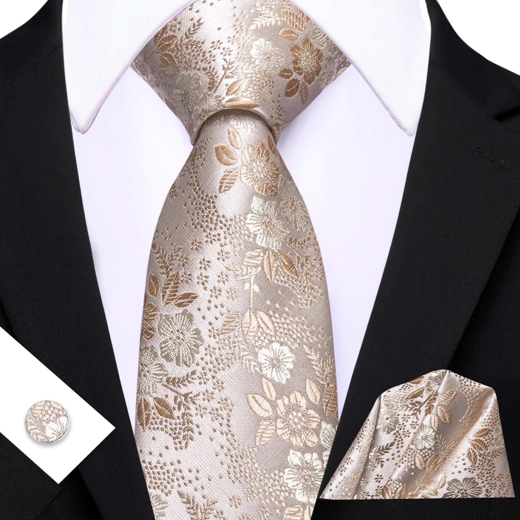 Barry.Wang Jacquard-Herrenkrawatte in Weiß und Champagner mit Einstecktuch, Manschettenknöpfe-Set, exquisite Krawatte für Herren, Hochzeit, Business – Detail 7