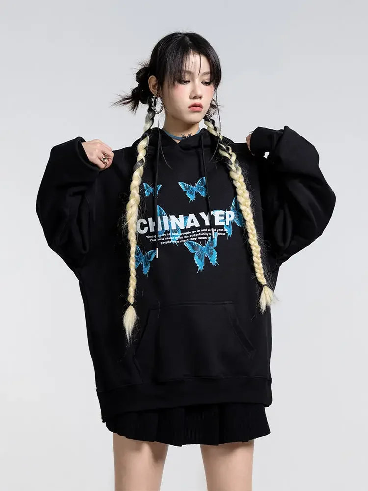 

Top Hoodies Hip Hop with Orint on Graphic Women's Sweatshirt Baggy Hooded Grunge Long Black Loose Woman Clothing Nice Color Emo