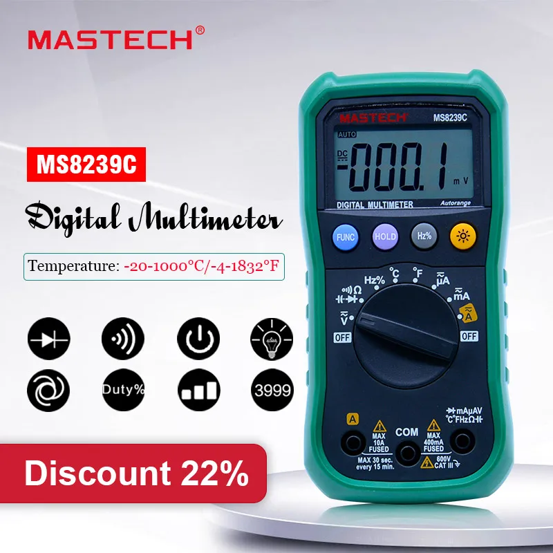 

MASTECH MS8239C Digital Multimeter AC DC Voltage Current Capacitance Frequency Temperature Tester Auto range Handheld 3 3/4