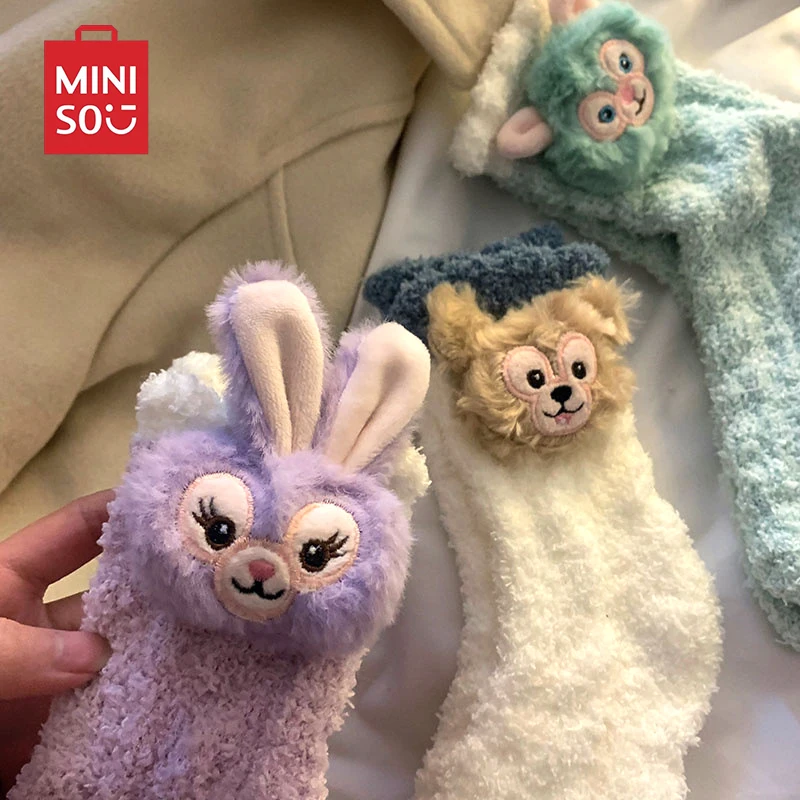 

New Miniso Disney Stellalou Pattern Casual Flannel Thick Mid Calf Socks Breathable Kawaii Anti Odour Home Socks Indoor Socks