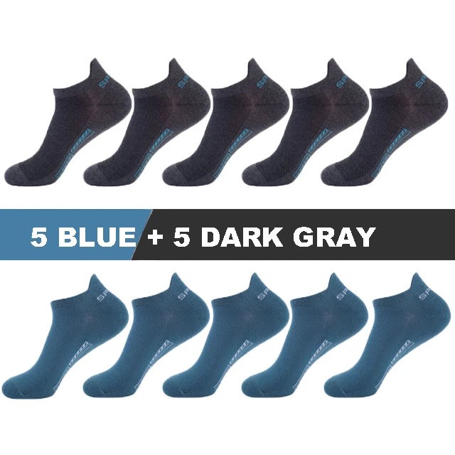 10Pairs/Lot High Quality Men Socks Ankle Breathable Cotton Sports Socks Mesh Casual Athletic Summer Thin Cut Short Sokken Gifts 5darkgray 5blue